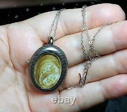 1 Victorian Mourning Hair Art, Tintype Photo in Niello Brooch Woven Pallett Work