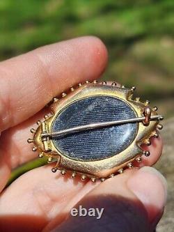 14k Gold Filled Antique Victorian Etruscan Mourning Hair Brooch Glass 8.85 Grams