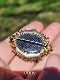 14k Gold Filled Antique Victorian Etruscan Mourning Hair Brooch Glass 8.85 Grams