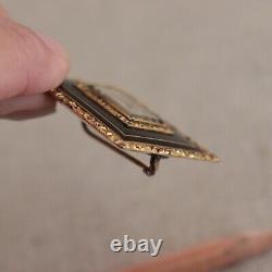 14k Gold Woven Hair Mourning Brooch Enamel Frame Antique Georgian Victorian Vtg