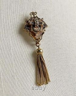 15Victorian Gold Filled Mourning Necklace Brooch Pearls Taille d'Epargne Tassel