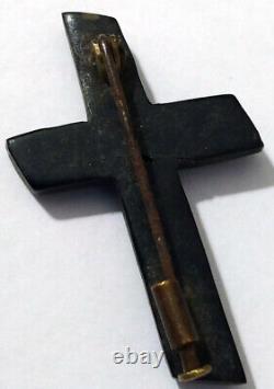 1800s Cross Vulcanite Gutta Percha Mourning Pin Brooch Antique Victorian