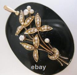1800s Victorian 14K Yellow Gold Black Onyx Diamond & Seed Pearl Mourning Pendant
