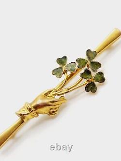 1870s Antique MID VICTORIAN 9ct Gold IRISH GREEN CLOVER with Lady's HAND bar PIN