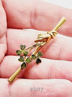 1870s Antique MID VICTORIAN 9ct Gold IRISH GREEN CLOVER with Lady's HAND bar PIN