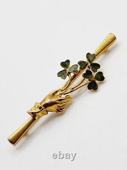 1870s Antique MID VICTORIAN 9ct Gold IRISH GREEN CLOVER with Lady's HAND bar PIN