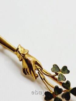 1870s Antique MID VICTORIAN 9ct Gold IRISH GREEN CLOVER with Lady's HAND bar PIN