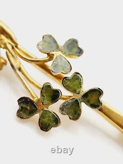 1870s Antique MID VICTORIAN 9ct Gold IRISH GREEN CLOVER with Lady's HAND bar PIN