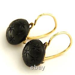 18k Yellow GOLD and Black JET Antique Victorian Mourning Jewelry Dangle Earrings