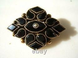 2 Antique Black Onyx 14 kt Gold Mourning Pins Set Tears Seed Pearl