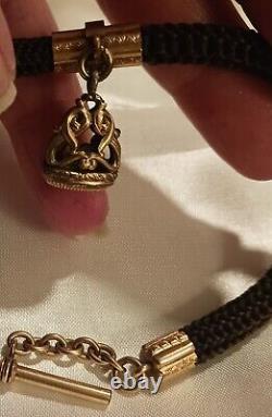 ANTIQUE CIVIL WAR ERA WOVEN REAL HAIR MOURNING WATCH CHAIN W FOB 15K Gold