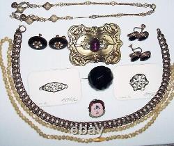 ANTIQUE COSTUME JEWELRY LOT Mourning Brooch Victorian Necklace Sash Pin MUST SEE