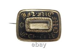 ANTIQUE VICTORIAN ENGLISH 15k GOLD BLACK ENAMEL'IN MEMORY OF' MOURNING BROOCH