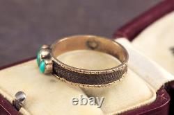 ANTIQUE VICTORIAN ENGLISH 9K GOLD TURQUOISE HAIR MOURNING BAND RING c1860
