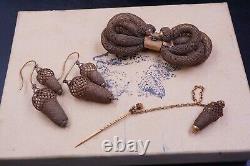 Antique 10K Gold Ornate Victorian MOURNING BRAIDED HAIR SET Brooch, Earrings Pin