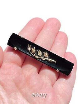 Antique 12K Gold Victorian Mourning Bar Pin Brooch Onyx Seed Pearls Lily Valley