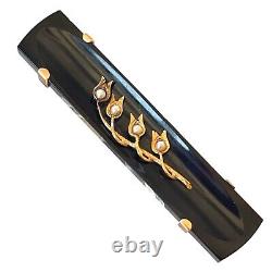 Antique 12K Gold Victorian Mourning Bar Pin Brooch Onyx Seed Pearls Lily Valley