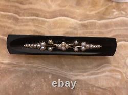 Antique 14K Yellow Gold Victorian Mourning Pin or Brooch With Onyx & Seed Pearls