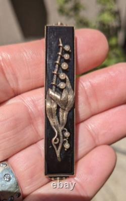 Antique 1870's MID VICTORIAN 14k LILY OF VALLEY Onyx, Seed Pearl mourning brooch