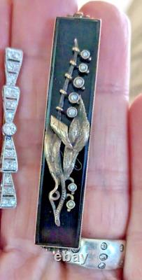 Antique 1870's MID VICTORIAN 14k LILY OF VALLEY Onyx, Seed Pearl mourning brooch