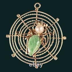 Antique 18K SOLID GOLD Victorian Spider Mourning Brooch Pendant Jade Jelly Belly