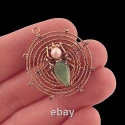 Antique 18K SOLID GOLD Victorian Spider Mourning Brooch Pendant Jade Jelly Belly