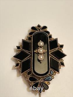 Antique 19th Century Victorian 14K Black Onyx Pearl Mourning Pin Brooch Pendant