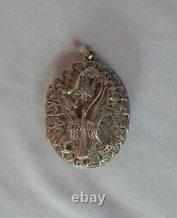 Antique 800 Silver Filigree Mourning Locket Pendant Lily Flower Dove