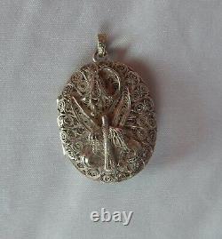 Antique 800 Silver Filigree Mourning Locket Pendant Lily Flower Dove