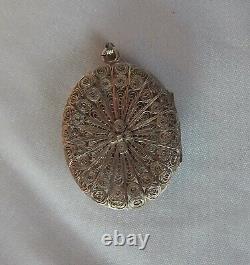 Antique 800 Silver Filigree Mourning Locket Pendant Lily Flower Dove