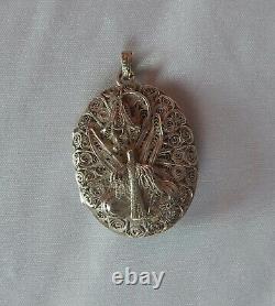 Antique 800 Silver Filigree Mourning Locket Pendant Lily Flower Dove