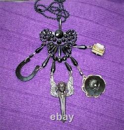 Antique CHATELAINE Black Mourning Jet Glass Heart Brooch, Angel, Locket, Flower