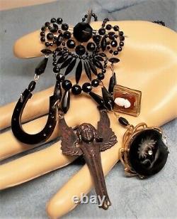 Antique CHATELAINE Black Mourning Jet Glass Heart Brooch, Angel, Locket, Flower