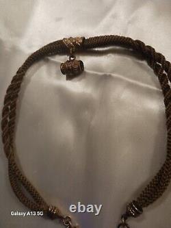 Antique CIVIL War Era Woven Real Hair Mourning Jewelry / Watch Chain W Fob