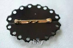 Antique English Victorian Whitby Jet Sterling Silver Plaque Mourning Brooch Pin