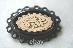 Antique English Victorian Whitby Jet Sterling Silver Plaque Mourning Brooch Pin