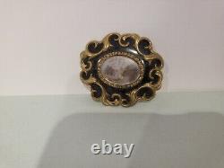 Antique Gold Filled Black Enamel Victorian Mourning Pin with Glass Center