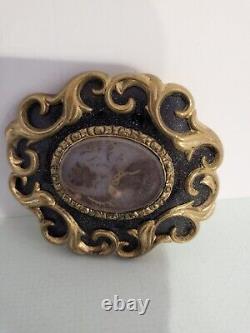 Antique Gold Filled Black Enamel Victorian Mourning Pin with Glass Center