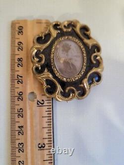 Antique Gold Filled Black Enamel Victorian Mourning Pin with Glass Center