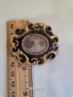 Antique Gold Filled Black Enamel Victorian Mourning Pin with Glass Center