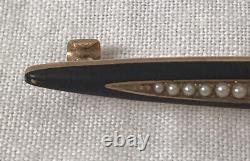 Antique Krementz 14K Gold Black Enamel Seed Pearl Mourning Bar Pin Brooch