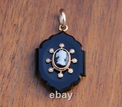 Antique Victorian 14K Gold Black Onyx Seed Pearl Mourning Jewelry Cameo Pendant