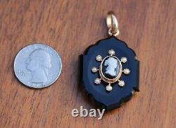 Antique Victorian 14K Gold Black Onyx Seed Pearl Mourning Jewelry Cameo Pendant