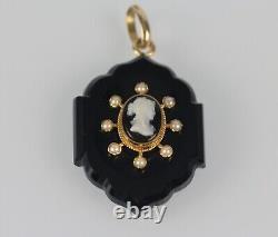 Antique Victorian 14K Gold Black Onyx Seed Pearl Mourning Jewelry Cameo Pendant