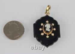 Antique Victorian 14K Gold Black Onyx Seed Pearl Mourning Jewelry Cameo Pendant