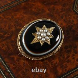 Antique Victorian 14K Gold Mourning Brooch Bullseye Banded Agate, Seed Pearls