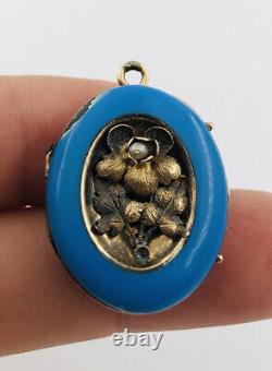 Antique Victorian 14K Gold & Seed Pearls Robin's Egg Blue Enamel Locket Pendant