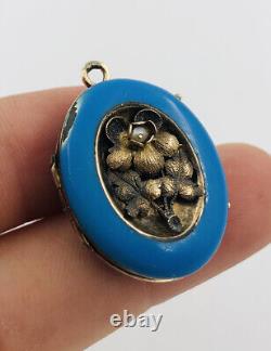 Antique Victorian 14K Gold & Seed Pearls Robin's Egg Blue Enamel Locket Pendant