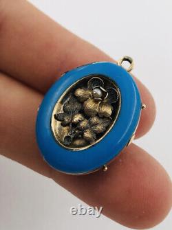 Antique Victorian 14K Gold & Seed Pearls Robin's Egg Blue Enamel Locket Pendant