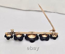 Antique Victorian 14k Gold Mounted Jet & Seed Pearls Floral Form Mourning Brooch